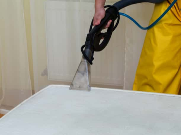 This is a photo of a man steam cleaning a dirty mattress works carried out by Mile End Carpet Cleaning