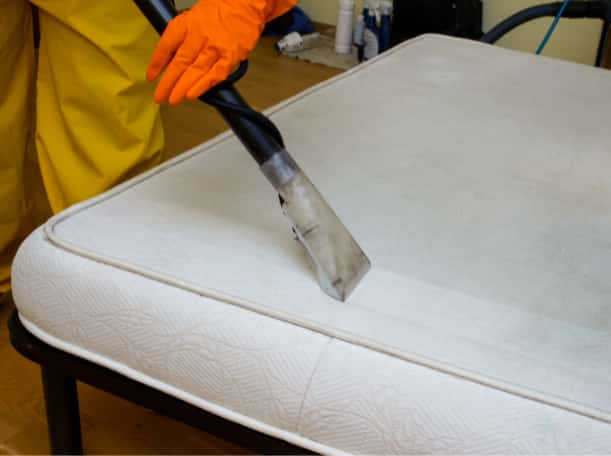 This is a photo of a man steam cleaning a dirty mattress works carried out by Mile End Carpet Cleaning