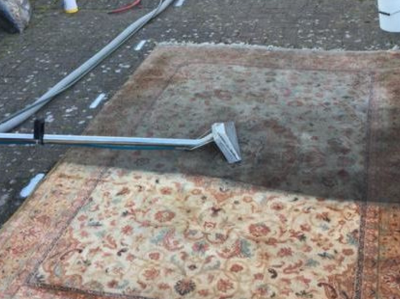 This is a photo of a floral rug that is being steam cleaned. The bottom half has been completed and the top half is being done works carried out by Mile End Carpet Cleaning